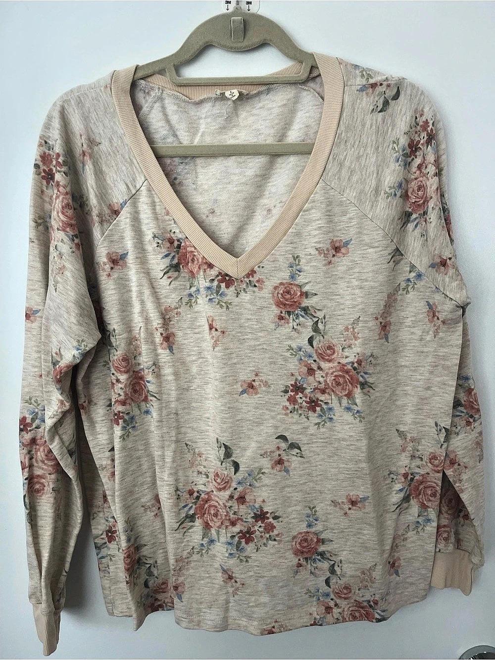 Hem & Tread Floral V-Neck Long Sleeve Top in Beige & Pink